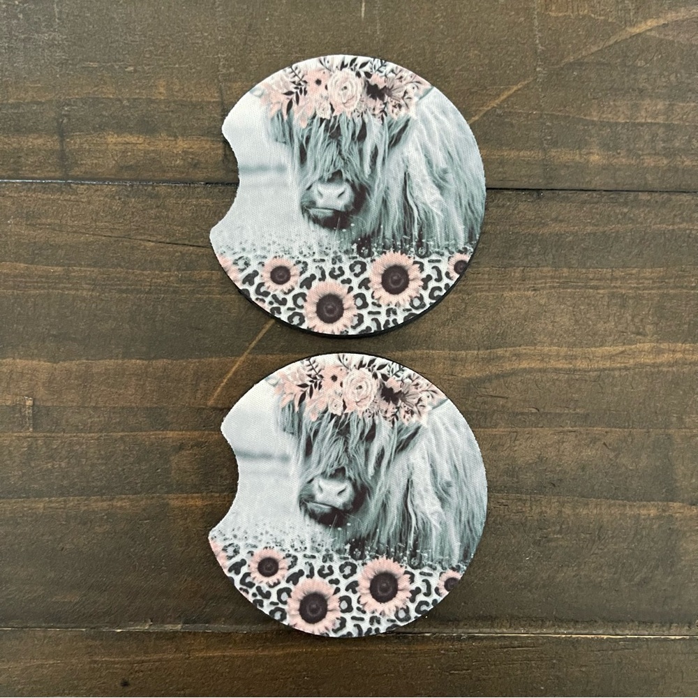 Highland Cow with Pink Daisies Car Coasters-Set of 2